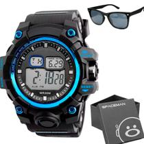 Relogio prova dagua digital + caixa + oculos protecao uv esportivo cronometro preto robusto grande data ajustavel azul