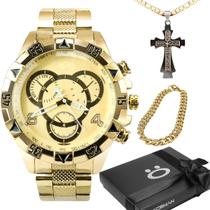 Relogio prova dagua dourado banhado + cordao cruz + pulseira + caixa robusto qualidade premium