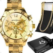 relogio prova dagua dourado + corrente + pulseira ouro grande original pesado presente robusto casual social relogio prova dagua dourado + corrente + pulseira ouro grande original pesado presente robusto casual social