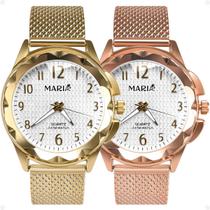Relogio prova dagua dourado feminino + relogio inox aço rose combo silicone social presente original resistente casual