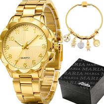 Relogio Prova Dagua Feminino Aco Inox + Pulseira + Caixa strass social resistente garantia original dourado silicone