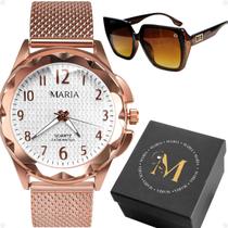 Relogio Prova Dagua Feminino + Oculos Protecao UV + Caixa qualidade premium marrom silicone ajustavel original acetato