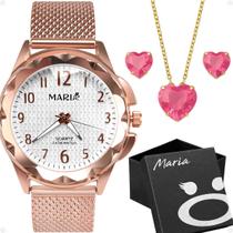 Relogio Prova Dagua Feminino Silicone + Caixa + Colar Brinco Rose social banhado coração strass ajustavel zirconia rosa