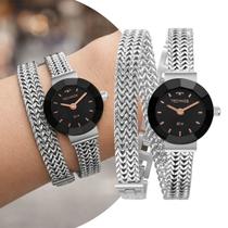 Relógio Pulseira Feminino Prata e Preto Caixa de Ceramica Vidro Safira Mini Pequeno Delicado Luxo Elegante Fashion Technos
