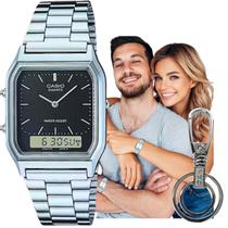 Relógio Pulso Casio Unissex Vintage Feminino Masculino Pequeno Quadrado Digital Analógico Prova Dágua 3 ATM Prata AQ-230A-1DMQ + Chaveiro - Casio Brasil