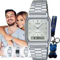 Relógio Pulso Casio Unissex Vintage Feminino Masculino Pequeno Quadrado Digital Analógico Prova Dágua 3 ATM Prata AQ-230A + Chaveiro