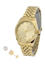 Relogio Pulso Feminino Lince Dourado Analogico + Brinco