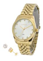 Relogio Pulso Feminino Lince Dourado Analogico + Brinco