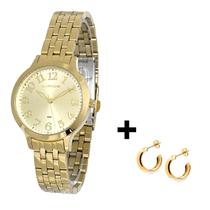 Relogio Pulso Feminino Lince Dourado Pulseira + Brinco
