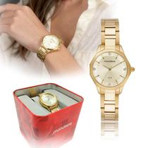 Relógio Pulso Feminino Mondaine Cristal Ouro Dourado Luxo