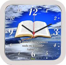 Relógio Quadrado Branco Fundo Biblia 25Cm
