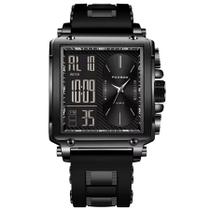 Relógio Quadrado de Quartzo Masculino Dual Display Impermeável Pulseira de Silicone