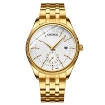 Relógio quartzo dourado, aço inoxidável, calendário luminoso, impermeável -