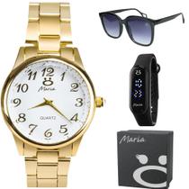 Relógio Quartzo Feminino Banhado Ouro Original + Kit Óculos UV 400 + Bracelete + Caixa Premium