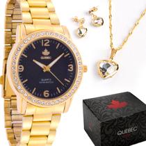 Relógio QUEBEC Feminino Dourado Lindo Aprova D'água + Colar e Brincos - Quebec Watch