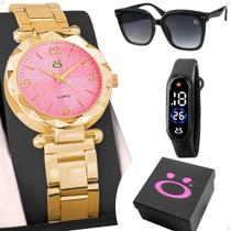relogio rosa feminino + oculos + caixa presente preto mostrador rosa delicado dourado inoxidável banhado ajustavel
