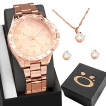 Relogio Rose Feminino Aço Inox + Brinco Colar Strass + Caixa inoxidável social ponteiro banhado