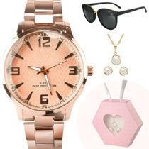 Relógio Rose Feminino Aço Inox + Colar e Par De Brincos + Óculos