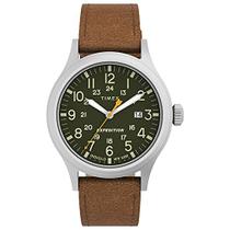 Relógio Scout Masculino 40mm verde com caixa prateada e pulseira de couro marrom
