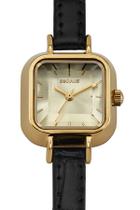 Relógio Seculus Feminino Analógico Retangular Dourado Couro Preto Vidro Facetado 44277LPSVDR1