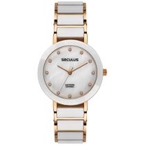 Relogio Seculus feminino ceramica vidro safira branco e rose cravejado pedrinhas strass 77228LPSVRQ3