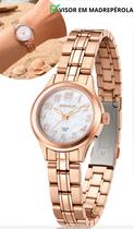 Relógio Seculus Feminino De Pulso Pequeno Analógico Quartz Rosê Com Fundo Em Madrepérola A Prova Dágua Em 50 Metros Original