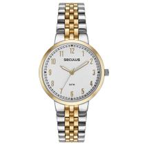 Relogio Seculus feminino dourado prata bicolor misto com numeros moderno a prova dagua de aço 77249LPSVBS3