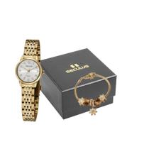 Relógio Seculus feminino dourado prata pequeno com numeros kit pulseira semi joia a prova dagua 77134LPSVDA1K1 original