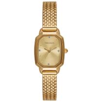 Relogio Seculus feminino dourado quadrado pequeno retangular cravejado strass pulseira esteira 77344LPSVDS1