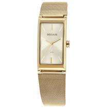 Relogio Seculus feminino dourado retangular quadrado banhado folheado pulseira esteira de aço malha mesh moderno sofisticado 77144LPSVDS1