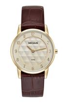 Relogio Seculus feminino dourado slim fino com numeros pulseira de couro marrom 23725GPSVDC2