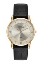 Relogio Seculus feminino dourado slim fino pulseira de couro preta 23724GPSVDC2