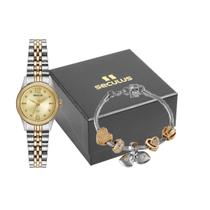 Relógio Seculus feminino Long Life dourado prata bicolor misto pequeno a prova dagua kit semi joia 44192LPSVBA3K1
