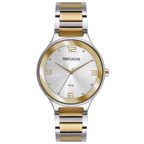 Relogio Seculus feminino prata prateado dourado folheado misto bicolor grande 77247LPSVBS3