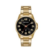 Relógio Seculus Masculino Aço Calendário Dourado Long Life