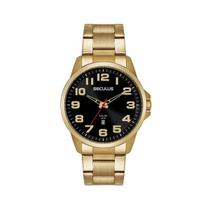 Relógio Seculus Masculino Aço Calendário Dourado Long Life