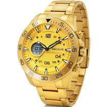 Relógio Seculus Masculino Anadigi Quartz Cronógrafo Esportivo Casual Analógico Digital Dourado Em Aço Inoxidável A Prova Dágua Em 100 Metros Original