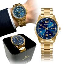 Relógio Seculus Masculino Analógico Dourado Elegante