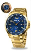 Relógio Seculus Masculino De Pulso Analógico Dourado Long Life Com Calendário Fundo Azul A Prova DÁgua em 50 Metros Original