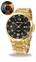 Relógio Seculus Masculino De Pulso Analógico Quartz Esportivo Casual Dourado Aço Inoxidável Com Fundo Preto A Prova Dágua em 50 Metros Original