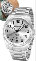 Relógio Seculus Masculino De Pulso Analógico Quartz Prata Com Pulseira Aço Inox Esportivo Casual Com Caledário A Prova Dágua Em 50 Metros Original