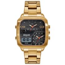 Relogio Seculus Masculino digital analogico dourado quadrado digiana anadigi aço inox 3 em 1 a prova dagua 77219GPSVDA2