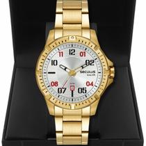 Relógio Seculus Masculino Dourado Mostrador Prata 5ATM 45mm 44209gpsvda4