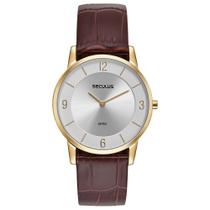 Relogio Seculus masculino dourado slim minimalista classico social de couro marrom a prova dagua 23724GPSVDC1
