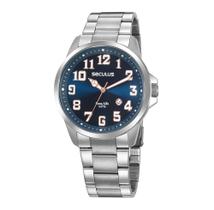 Relogio Seculus masculino prata e azul long life de aço com numeros a prova dagua 20929G0SVNA2