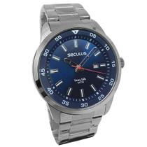 Relogio Seculus Masculino Prata Mostrador Azul Social 5ATM Pulseira Aço