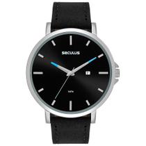 Relogio Seculus Masculino prateado preto pulseira de couro minimalista com calendario 44181G0SVNC1