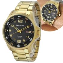 Relógio Seculus Original De Pulso Masculino Analógico Dourado Aço Inoxidável A Prova Da água 5ATM