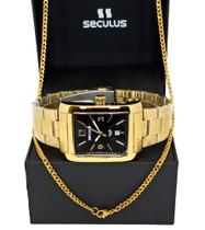 Relógio Séculus Quadrado Dourado Original Long Life 23707gpsvda1