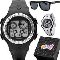 Relogio silicone crianca digital infantil + caixa oculos sol acetato luz branco original ajustavel preto menino data Relogio silicone crianca digital infantil + caixa oculos sol acetato luz branco original ajustavel preto menino data